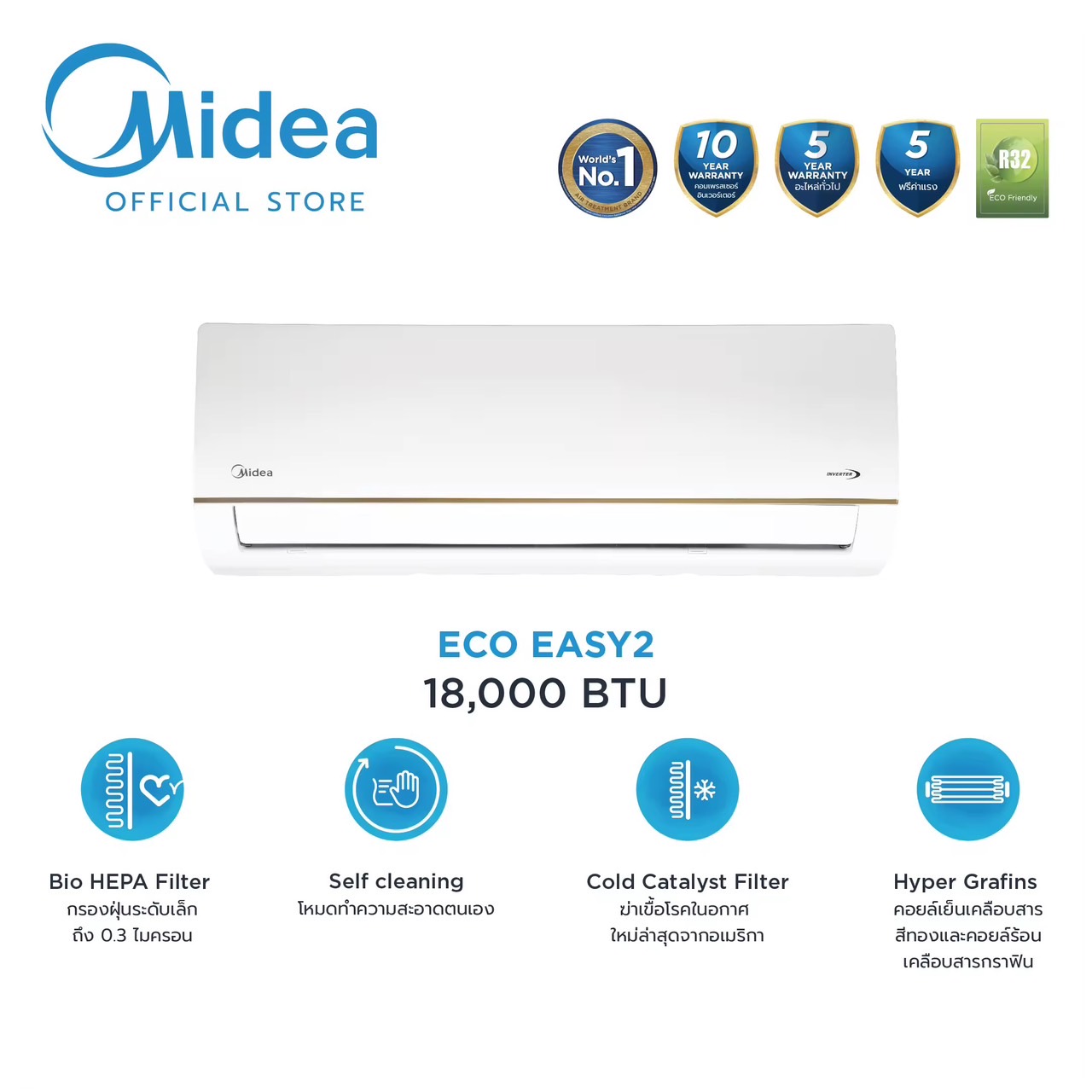 Midea แอร์ติดผนังไมเดีย อินเวอร์เตอร์ ECO EASY 2 ขนาด 9,000 / 12,000 / 18,000 / 22,000 BTU *รับประกันสินค้า 5 ปี / Compresser 7 ปี