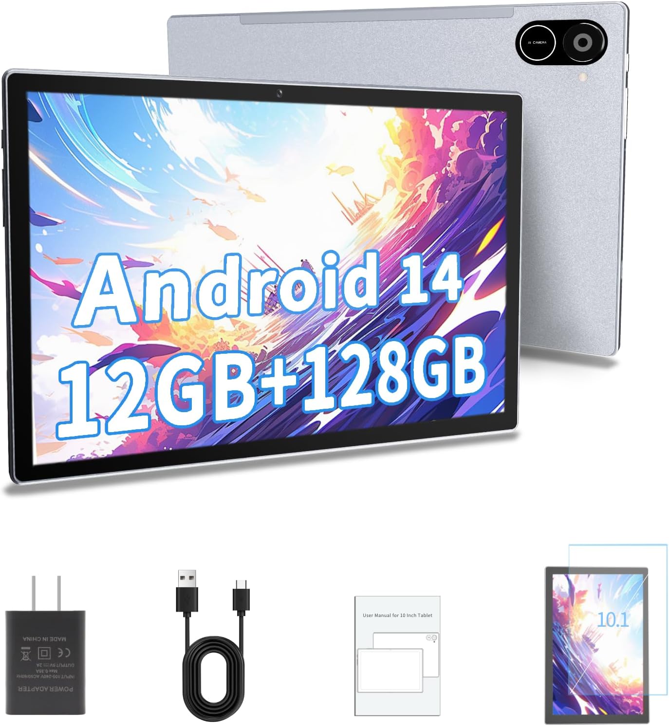 2024 Newest Tablets 10.1 inch Android 14 Tablet with 12+128GB,1280 * 800 IPS,HD Display,Octa-Core Processor,2.4G/5G Dual-Band WiFi, Bluetooth5.2, 10000mAh Battery,GPS, Tablet