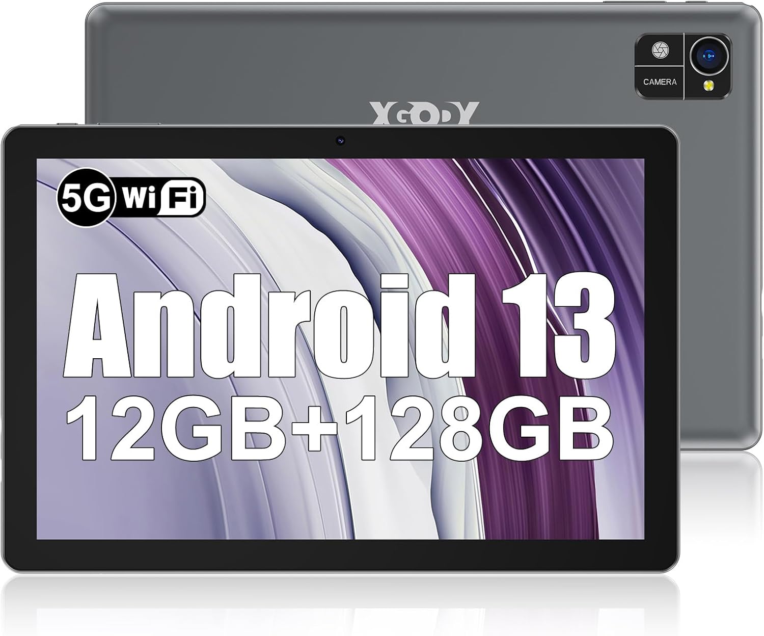 Xgody 10 inch Tablet Android 13 Tablets, 12GB RAM 128GB ROM 1TB Expand, Quad-Core Processor, 1280x800 IPS HD Touch Screen, WiFi, Dual Camera, Bluetooth, 7000mAh Battery (Grey)