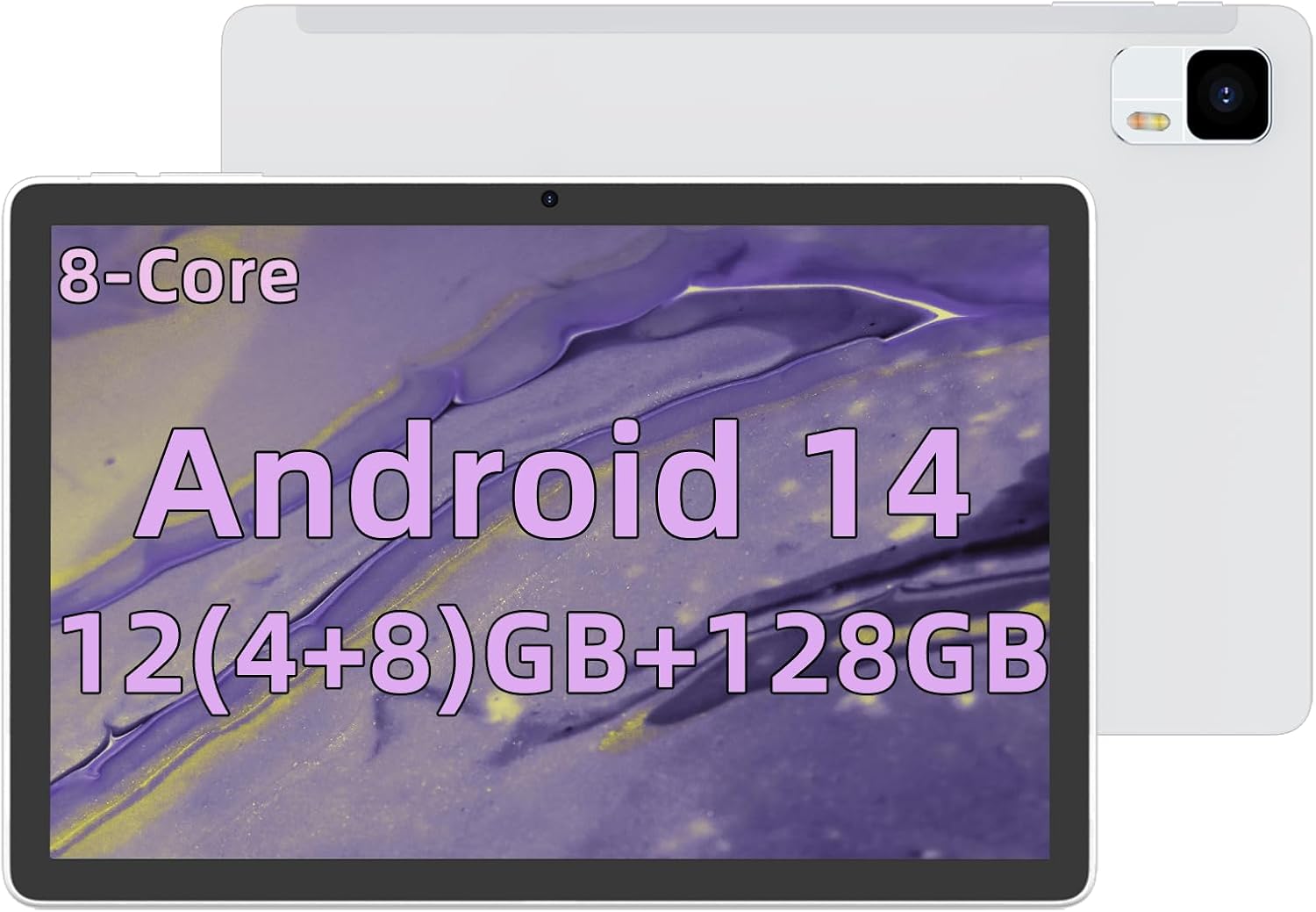 plimpton Android 14 Tablet, 10 Inch Android Tablet with Octa-Core, 12(4+8) GB RAM 128GB ROM, 6000mAh Battery, 1280x800 HD IPS Screen, BT, WiFi 6 P70 Silver