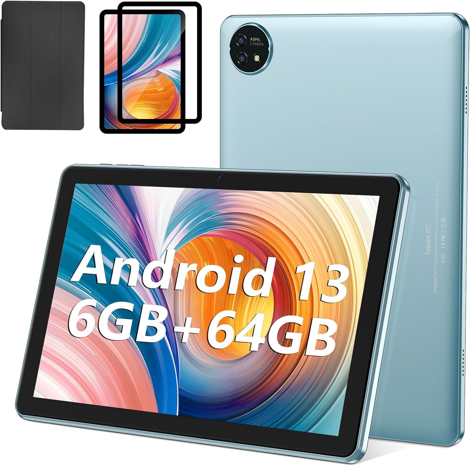 Tablet 10.1 inch Android 13 Tablets, 6(2+4) GB RAM+64GB ROM, 6000mAh, 1280 x 800 FHD, IPS Screen, GPS FM Dual Camera, 2.4G WiFi, Bluetooth (Blue)