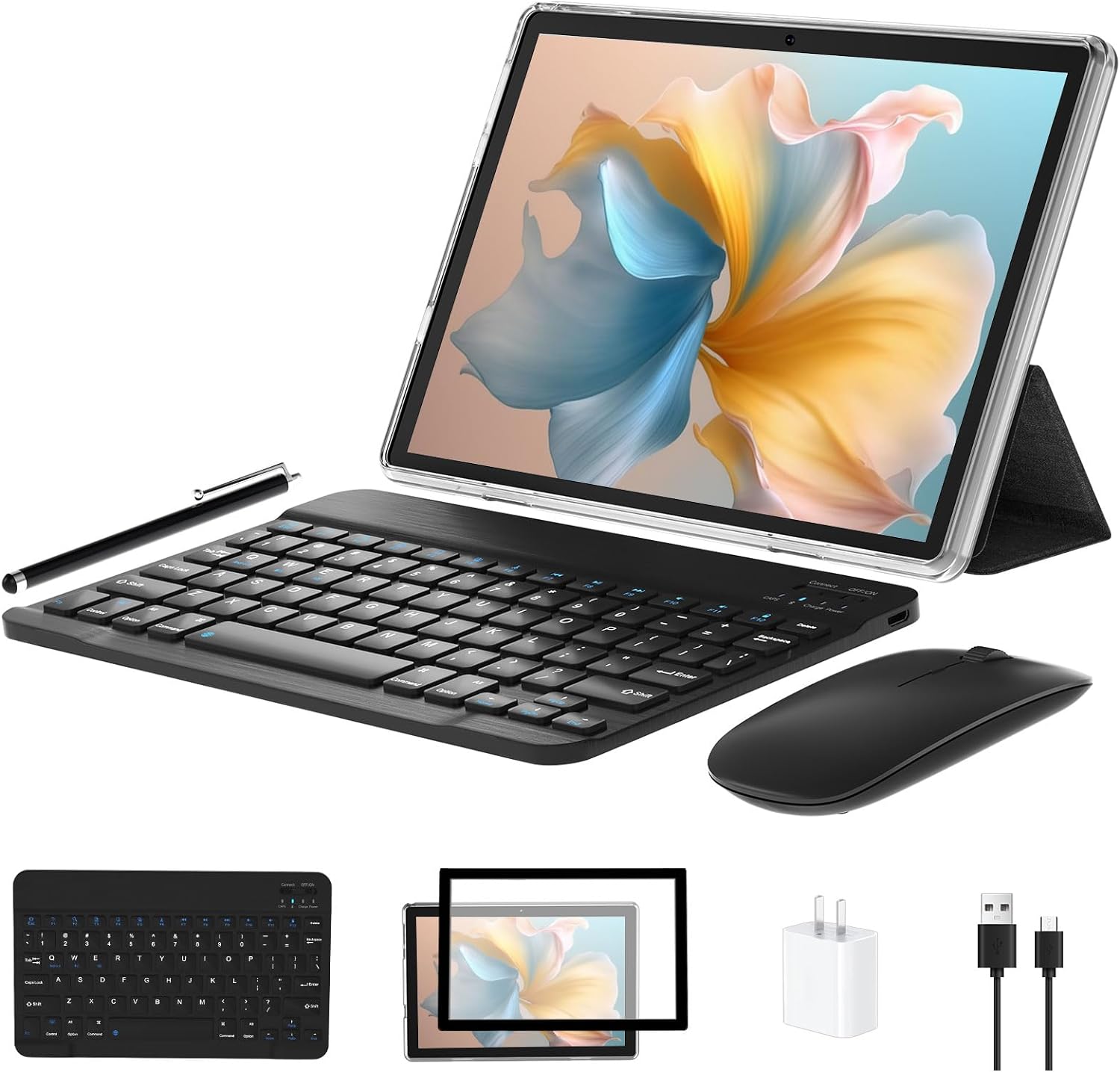 10 inch Android 13 Tablet, 8GB RAM 64GB ROM 1TB Expand, 2 in 1 Tablets with Keyboard, Case, Mouse, Stylus, 1280x800 IPS Touch Screen, 2.0GHz Quad-Core, WiFi 6, Bluetooth5.0, Dual Camera (Gray)