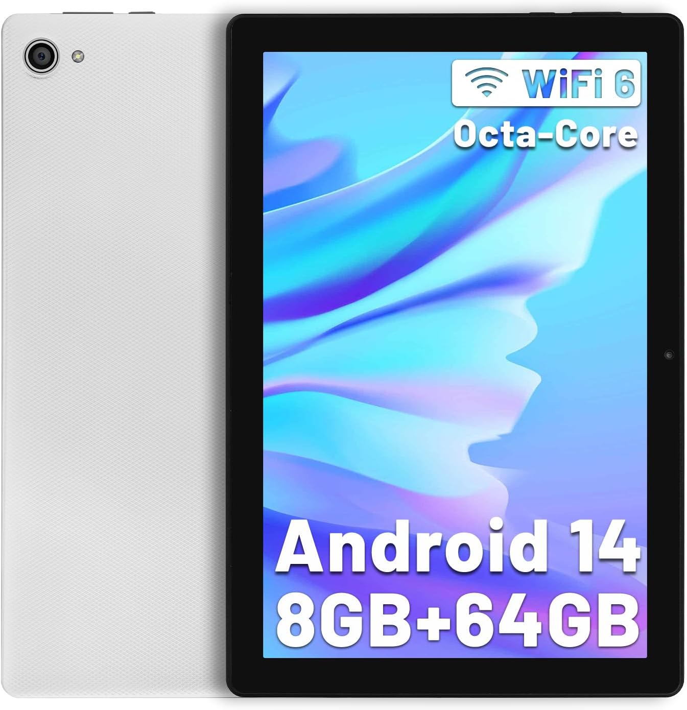 Android 14 Tablet 10 Inch Tablet Octa-Core 8GB+64GB(TF 1TB), Android Tablet 1280x800 HD IPS Tablet Wi-Fi 6 Model/Widevine L1/5000mAh/Dual Camera/Face ID Tablet PC 2024 - White