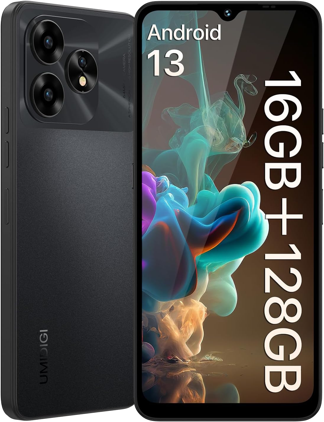 UMIDIGI Unlocked Android Phones, A15T Smartphones, 5000mAh (8+8)+128GB/TF 1TB Expand, Ultra-Slim 6.7" Screen Mobile Phones, Android 13 NFC AGPS, 64MP AI Camera 4G Dual SIM Unlocked Cell Phone, Black