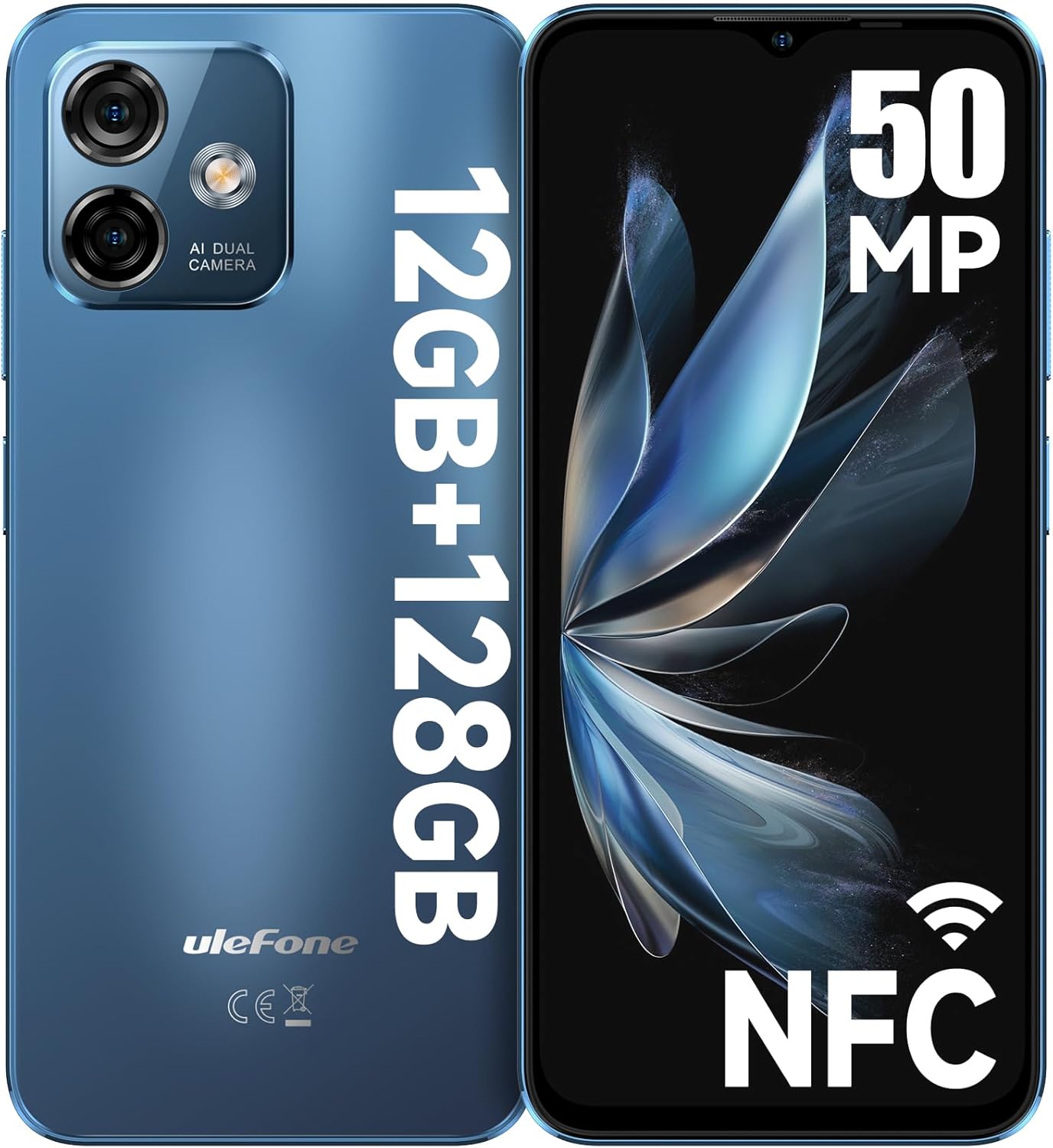 Ulefone Note 16 Pro (12GB+128GB) Android 13 Unlocked Smartphone, 50MP Main Camera Unlocked Cell Pones, 6.52” HD+ Waterdrop Screen, 8-Core Processor, 4400mAh, Dual 4G Mobile Phone-Blue NFC Version