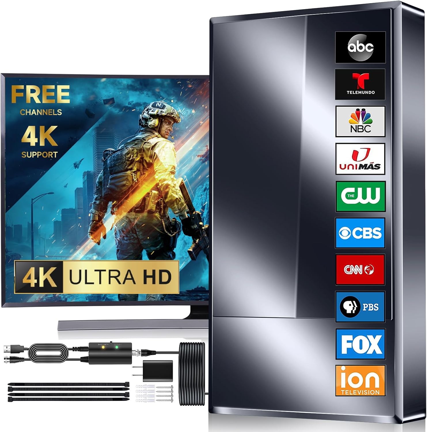 2025 Strongest TV Antenna Indoor, 3000+ Miles Outdoor Long Ranges, Digital Antenna for Smart TV, Best Amplifier Signal Booster Support 8K 4K 1080p All TVs VHF UHF - 50FT Cable/AC Adapter