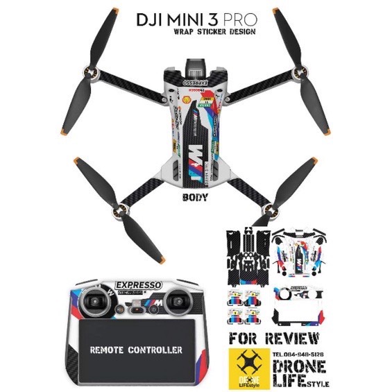 สติ๊กเกอร์โดรนกันรอย DJI mini 3 pro : 3M เกรด AAA (Full body,Remote,battery),