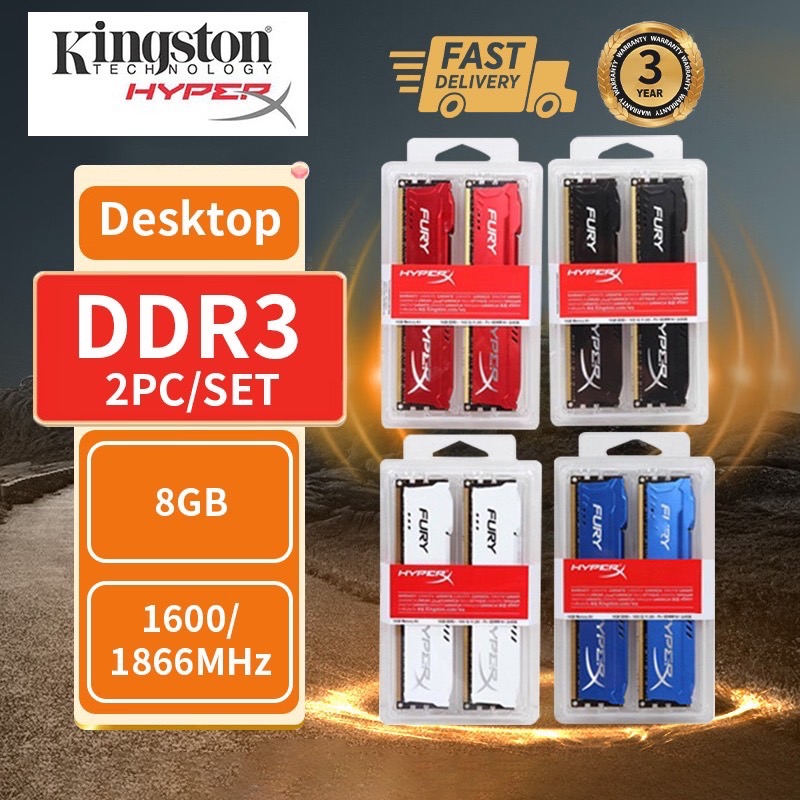 2PCS/kit Kingston Hyperx RAM DDR3 8GB PC Desktop หน่วยความจำ RAM DIMM 1600MHz 240PIN 1.5V