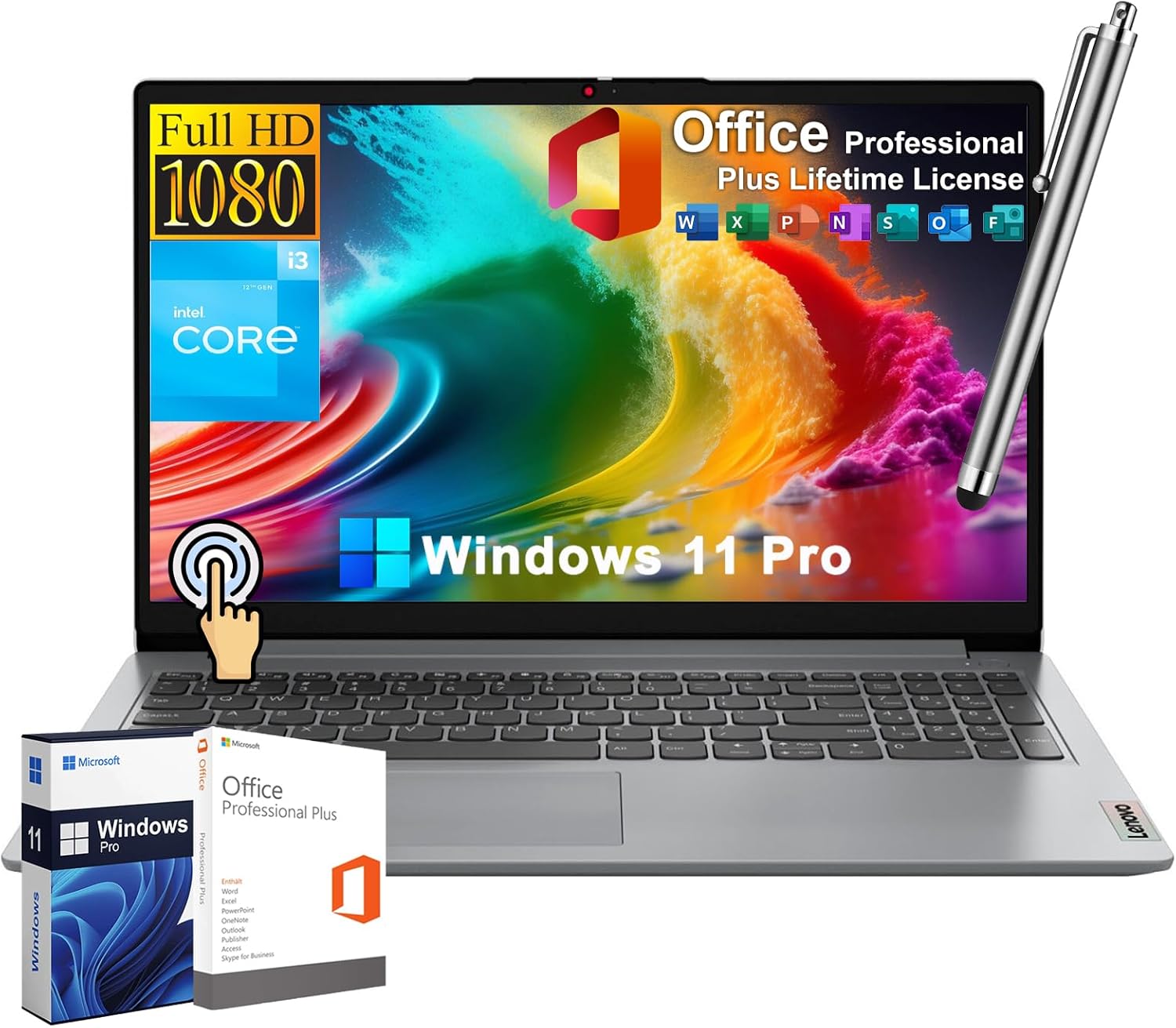 Lenovo IdeaPad 15.6" FHD Touchscreen Laptop for Business & Student, 12th Gen Intel 6-Core i3, 24GB RAM 1TB SSD, Lifetime Office License, Windows 11 Pro, SD Card Reader, Wi-Fi 6, w/Stylus Pen