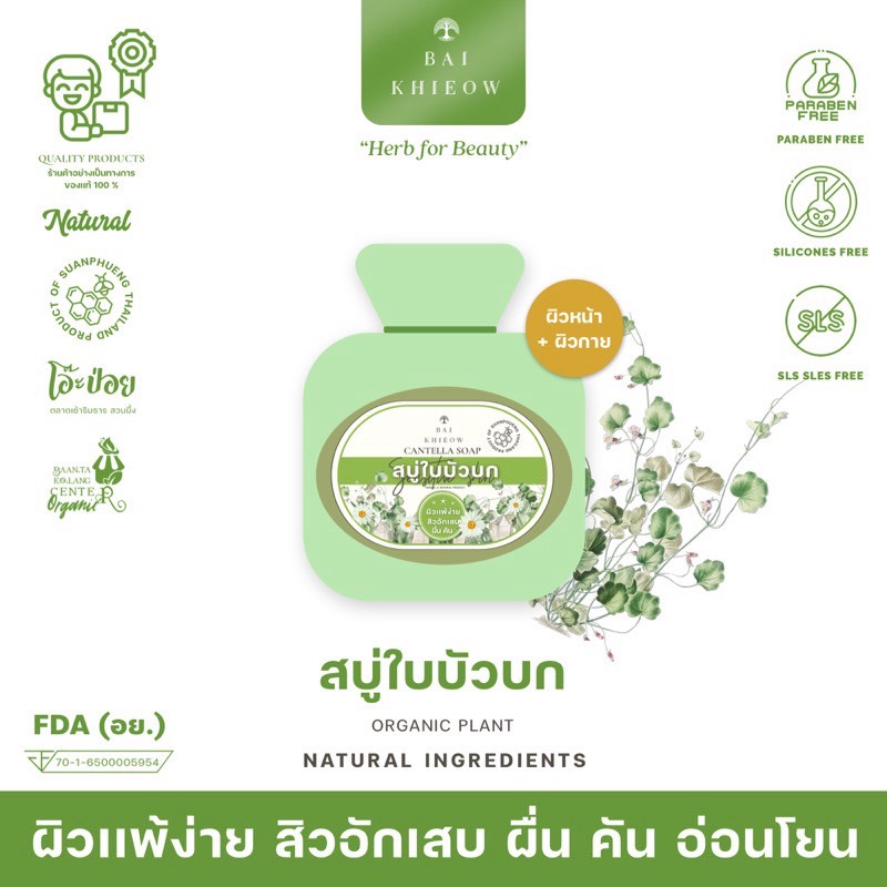 BAI KHIEOW | สบู่ใบบัวบก (X1) กลิ่นน้ำนมข้าวหอมละมุน สำหรับผิวเเพ้ง่าย ผื่น คัน สิวทุกชนิด ไม่เเห้งตึง ผิวหน้าเเละผิวกาย