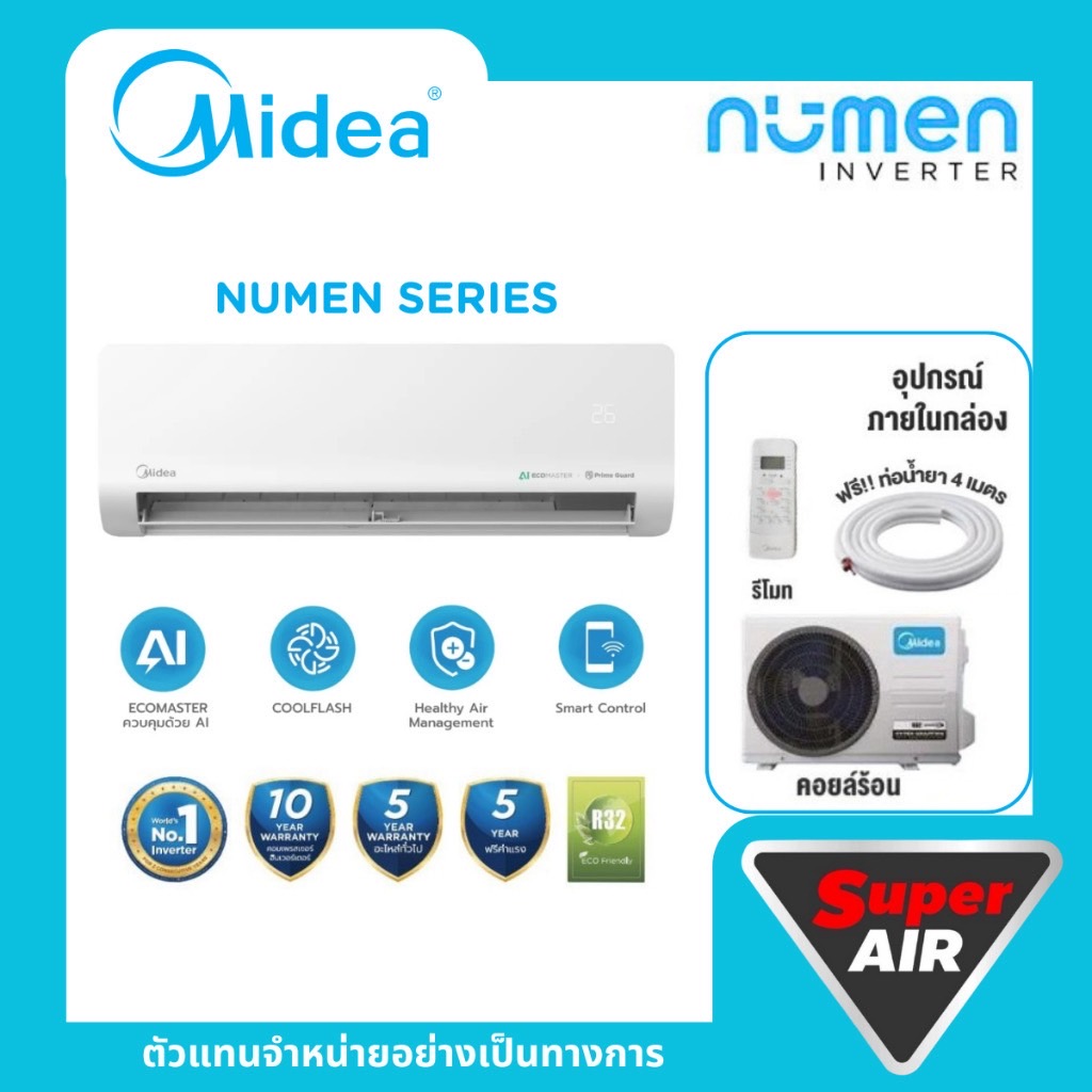 แอร์ใหม่ Midea แอร์ติดผนัง Inverter รุ่น Numen Series ขนาด 9,360 BTU - 24,566 BTU 2025 ส่งฟรี ราคาเฉพาะเครื่อง