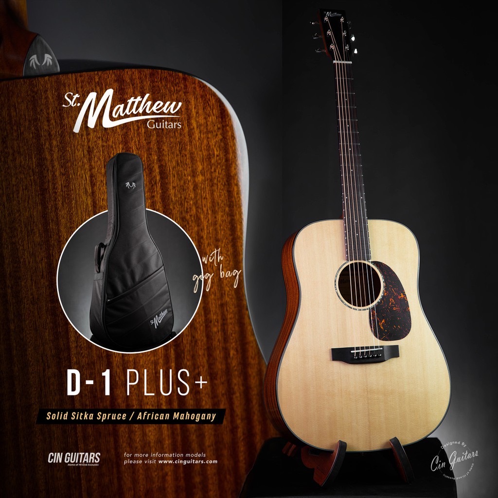 (ส่งฟรี)St.Matthew D-1 Plus กีตาร์โปร่ง/โปร่งไฟฟ้า Top Solid (Sitka Spruce/Mahogany) พร้อมกระเป๋า : D-1 Plus+,D-1E Plus+