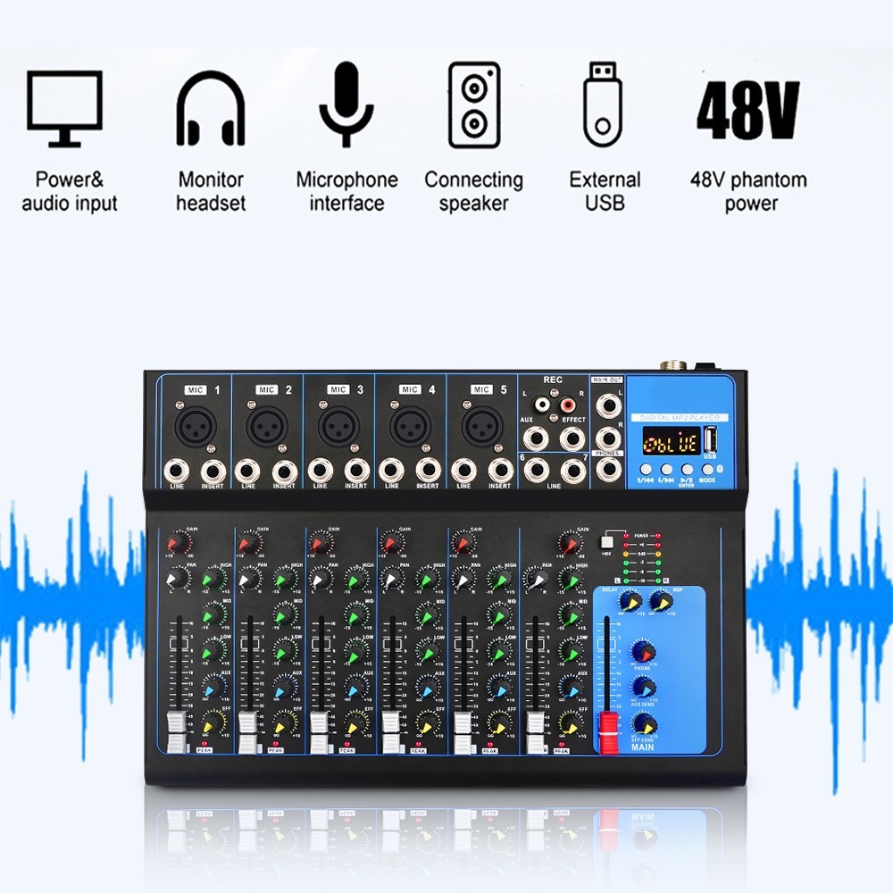 AUDIO MIXER มิกเซอร์มืออาชีพ 7 ช่อง  มิกเซอร์ USB Amplifiers KTV เครื่องขยายเสียงเครื่องขยายเสียงสำหรับการแสดงบนเวท
