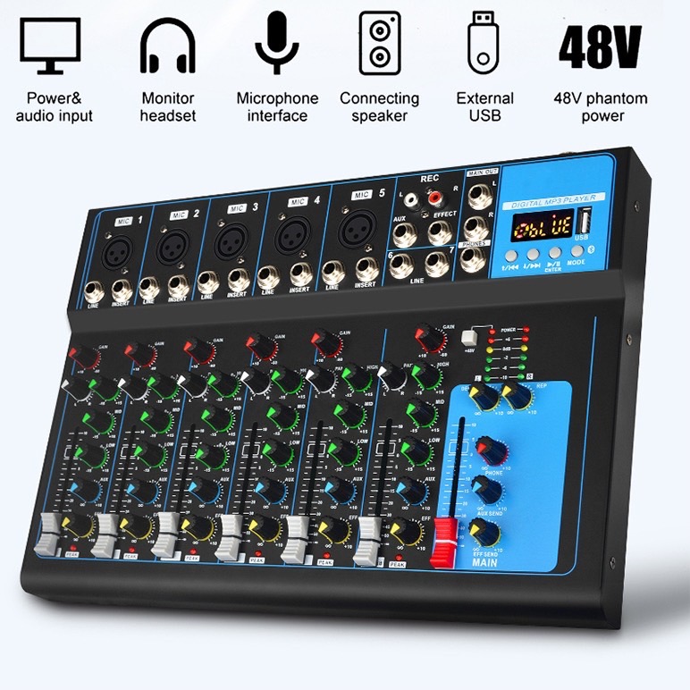 มิกเซอร์ mixer เครื่องเสียง มิกเซอร์เอฟเฟค มิคเซอร์ บลูทู ธ  USB แหล่งจ่ายไฟ Phantom 48V การเชื่อมต่อบลูทู ธ ไร้สายสะดวก