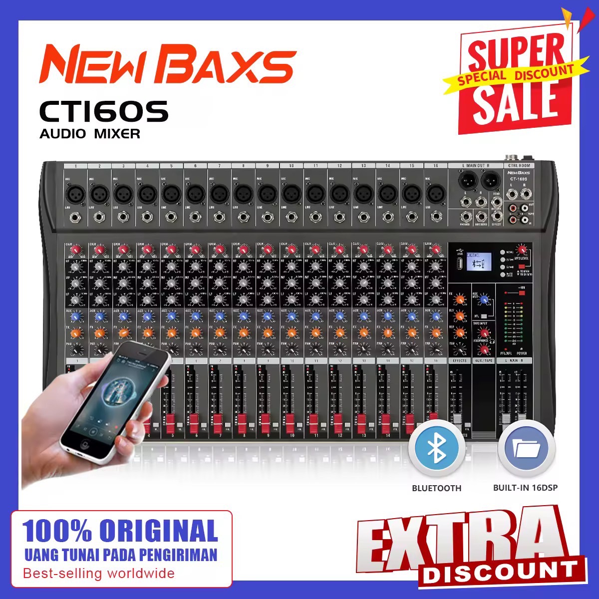 NewBaxs CT160S มิกเซอร์เสียงระดับมืออาชีพ การเล่นบลูทูธในตัว 16 ช่องสัญญาณ ฟังก์ชั่นการบันทึก การเลือกภาษา อุปกรณ์เครื่องเสียง KTV Bar Stag
