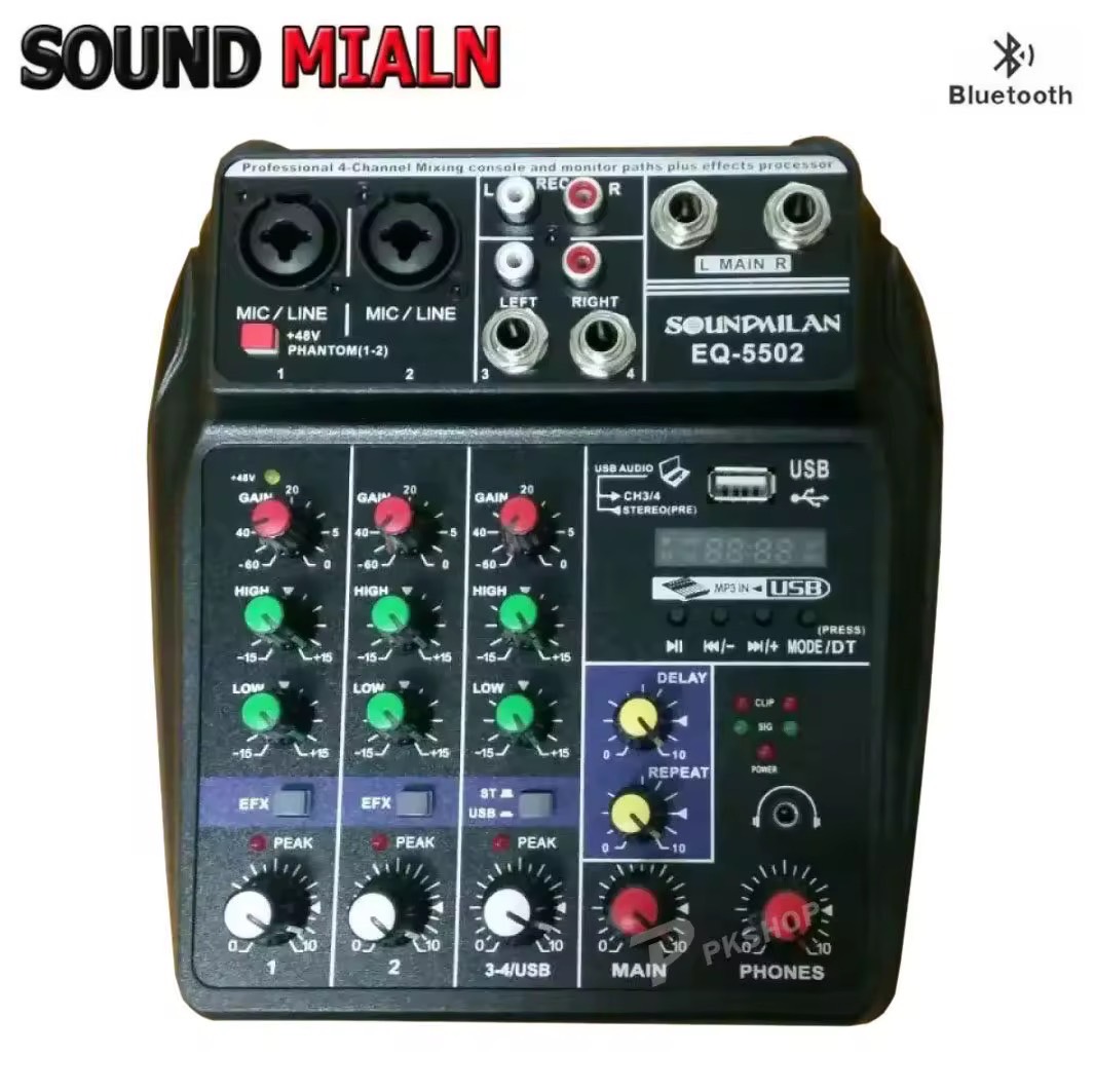 SOUNDMILAN มิกเซอร์ MIXER 4ช่อง ผสมสัญญาณเสียง รุ่น EQ-5502 MP3 USB BLUETOOTH ECHO ระบบไฟเลียง AC/DC