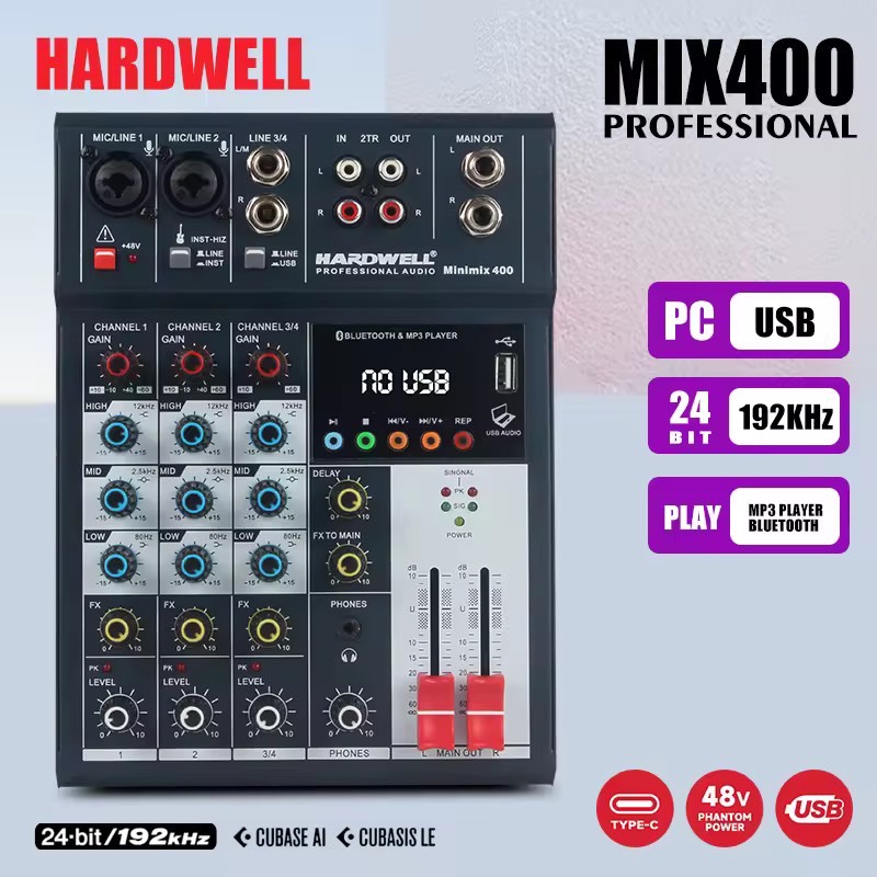 HARDWELL MIX400 มิกเซอร์ขนาดเล็กพร้อมมิกเซอร์ลิงค์ Bluetooth/USB พร้อมมิกเซอร์ไฟฟ้า Phantom 48V+