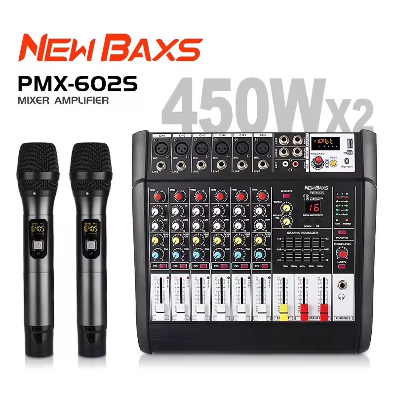 NewBaxs PMX602D/PMX602S มิกเซอร์มืออาชีพ 6 ช่อง 16DSP อีควอไลเซอร์ 2 ชั้น EQ ไมโครโฟนไร้สายแบบใช้มือถือ 2 ตัว 450W mixer&amplifiers 6 ช่อง 16DSP อีควอไลเซอร์ 2 ชั้น EQ