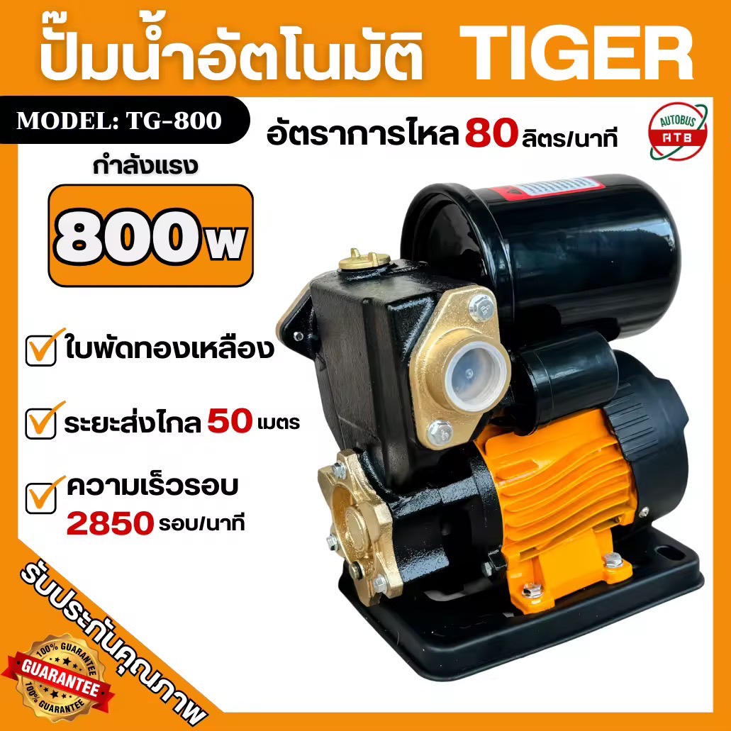 ปั้มน้ำอัตโนมัติ TIGER กำลังไฟฟ้า 800W ขนาดท่อออก 1นิ้ว รุ่น TG-800 ปั้มน้ำออโต้