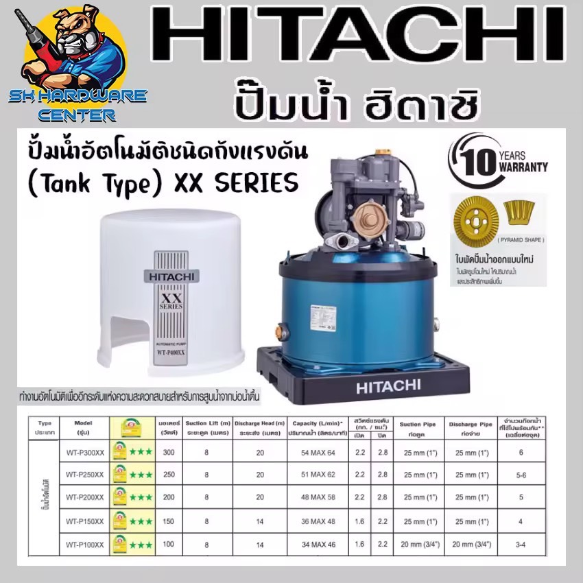 HITACHI ปั้มน้ำอัตโนมัติชนิดถังแรงดัน (Tank Type) มีขนาดให้เลือก 100 - 350 วัตต์   รุ่น XX SERIES  (รับประกัน มอเตอร์ 10ปี)