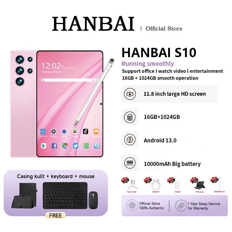 【ซื้อ1แถม8】HANBAI Tablet 11.8 inch S10 | RAM 16GB + 1024GB ROM | Tablet + Mouse + Keyboard + Case | 5G Dual SIM Wifi