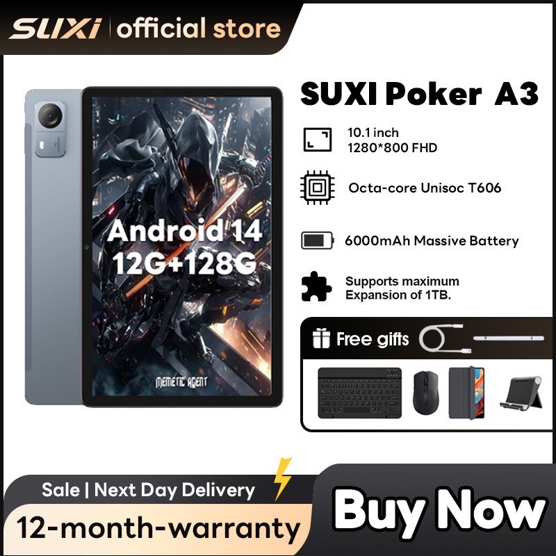 Suxi Poker A3 10.1 tablet android  แท็บเล็ต 12+128GB 4G, ลําโพงคู่และผู้ช่วย AI, หน้าจอ IPS