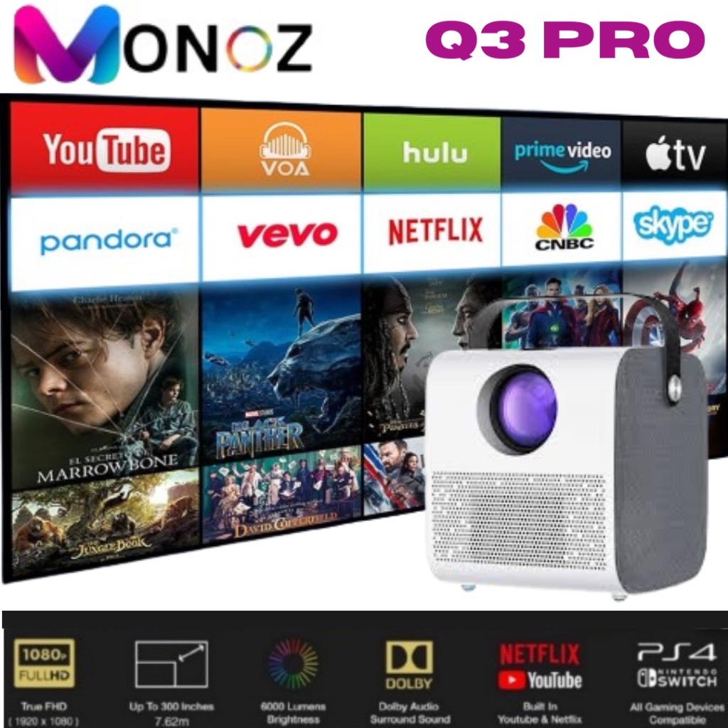 🎥 รับประกัน 5 ปี🎥MONOZ โปรเจ็กเตอร์ Q3 Pro ความละเอียด 4K UHD ในตัว Android OS โปรเจ็กเตอร์คุณภาพขนาดเล็กแบบพกพา