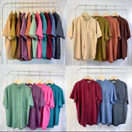 💥19 สี เสื้อคอจีน แขนสั้น Unisex เสื้อเชิ้ตคอจีน โอเวอร์ไซส์ เสื้อเชิ้ต เสื้อใส่ทำงาน